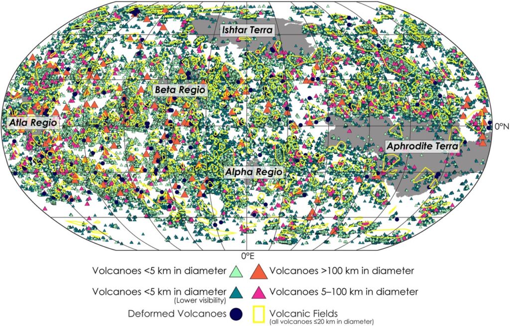Mapa de la distribución de volcanes en Venus / Hahn and Byrne (2023), Journal of Geophysical Research: Planets