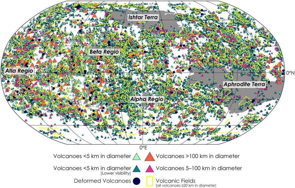 Mapa de la distribución de volcanes en Venus / Hahn and Byrne (2023), Journal of Geophysical Research: Planets