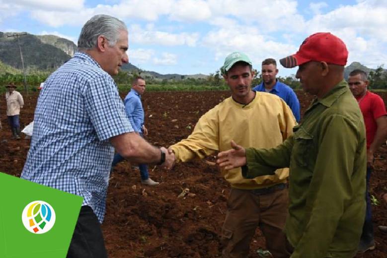 En la UBPC pinareña Los Burros, Díaz-Canel aseguró que, si producimos más comida, asestaremos golpes a la inflación que tanto afecta al país. Foto: Estudios Revolución